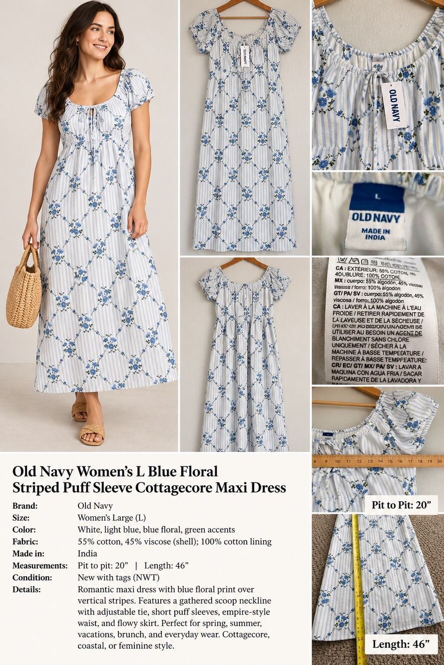 Old Navy Women’s Blue Floral Striped Puff Sleeve Maxi Dress – Size Large – NWT